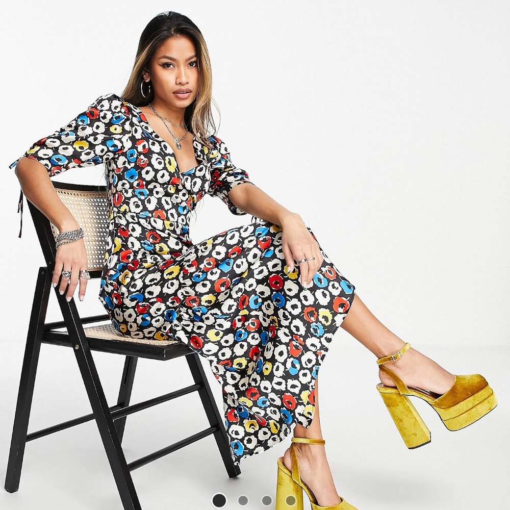 Topshop retro primary floral peplum midi dress in multicolor